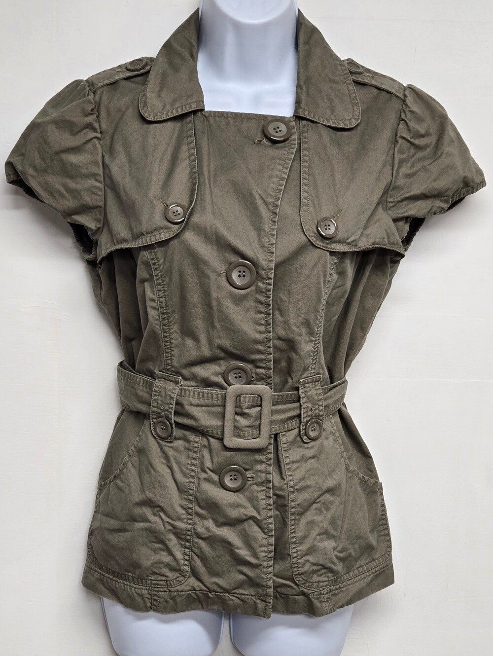 Funk Standard L Army Green Button Down Utility Khaki Jacket Top Belted Cotton